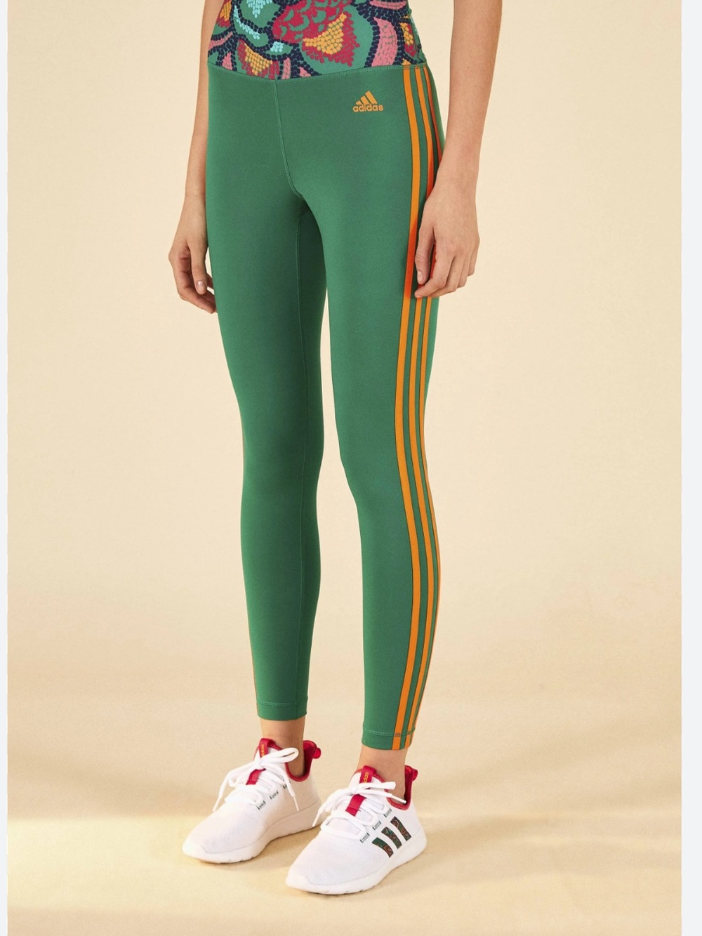 adidas Green Leggings with Orange Stripes and Patterned Waistband
